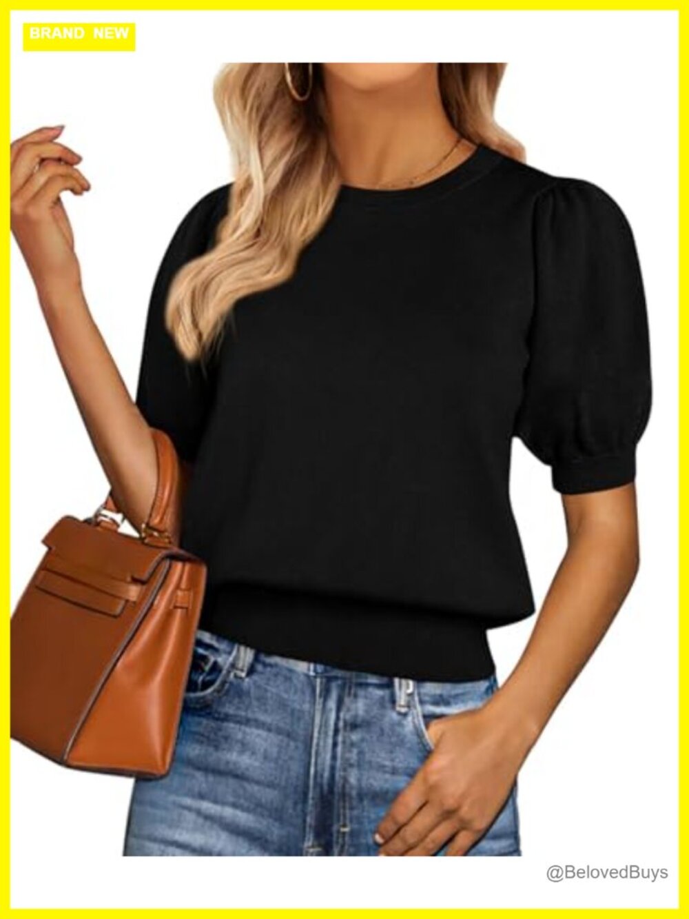 Womens Puff Short Sleeve Sweater Soft Knit Crewneck Loose Fit Casual Top